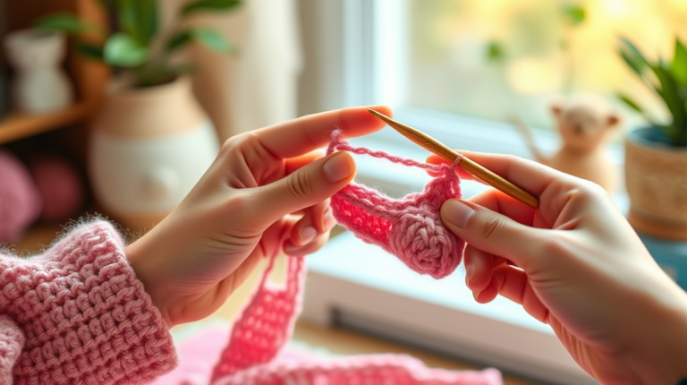 Mãos fazendo crochê com linha rosa e agulha de madeira
