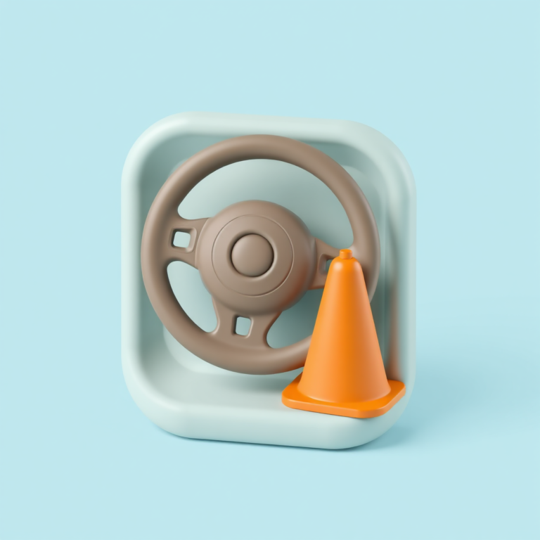 Volante de carro com um cone de trânsito, representando aprender a dirigir