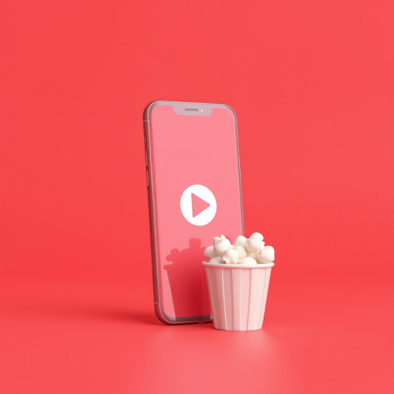 Celular com botão de play e um balde de pipoca, representando assistir doramas