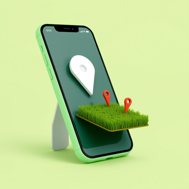 Celular com marcador de mapa sobre um pedaço de terreno, representando a medição de áreas