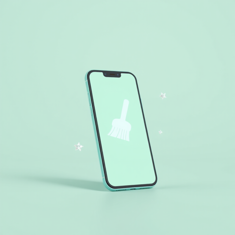 Celular com ícone de vassoura e brilhos, representando a limpeza do aparelho
