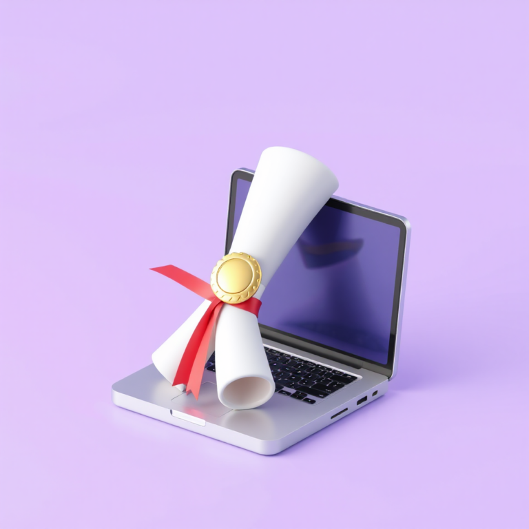 Certificado enrolado com fita vermelha sobre um notebook