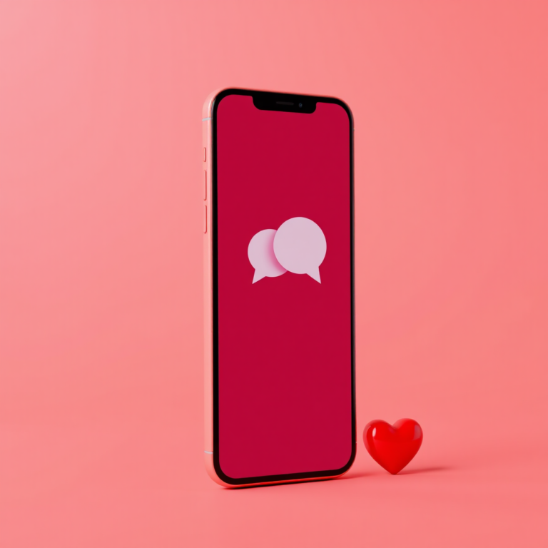 Celular com balões de conversa e um coração, representando aplicativos de bate-papo
