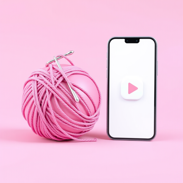 Novelo de lã rosa com agulha de crochê ao lado de um celular com botão de play, representando aulas de crochê pelo celular