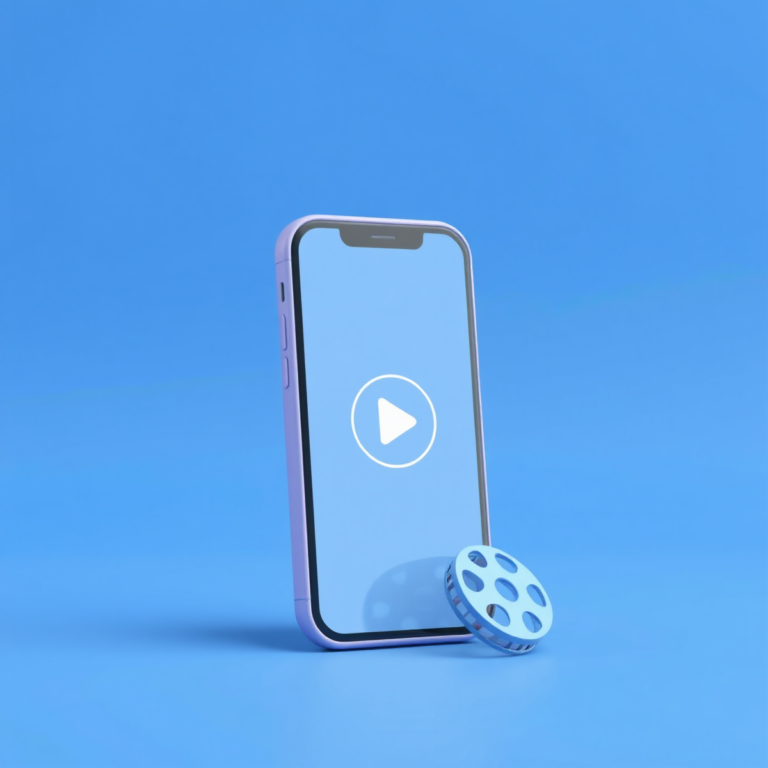 Celular com botão de play e um rolo de filme, representando aplicativos para assistir filmes