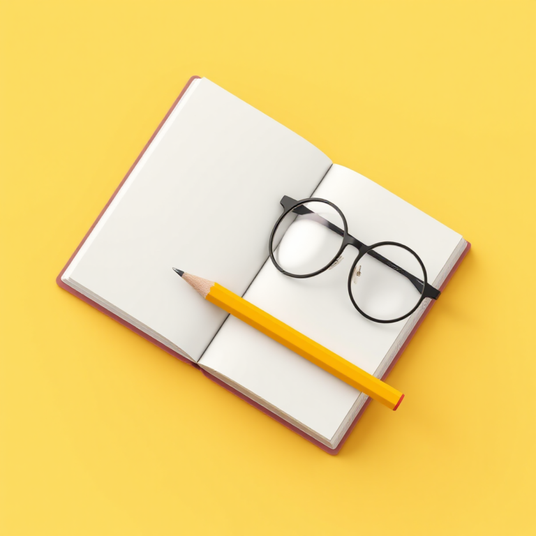 Caderno aberto com lápis e óculos de leitura, representando aprender a ler e escrever depois de adulto