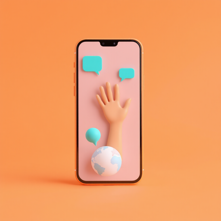 Celular com uma mão acenando, balões de conversa e um globo, representando aplicativos para conhecer novas pessoas