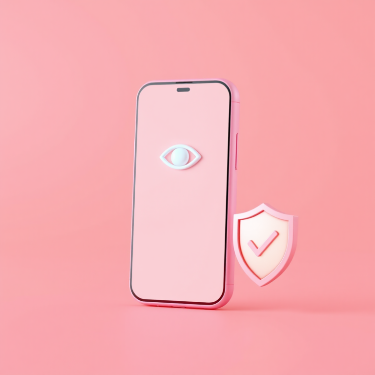 Celular com ícone de olho e um escudo de segurança, representando ver quem visitou o perfil com segurança